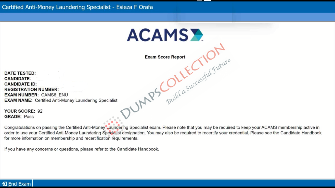 Confirmed passing report for the CAMS 1
