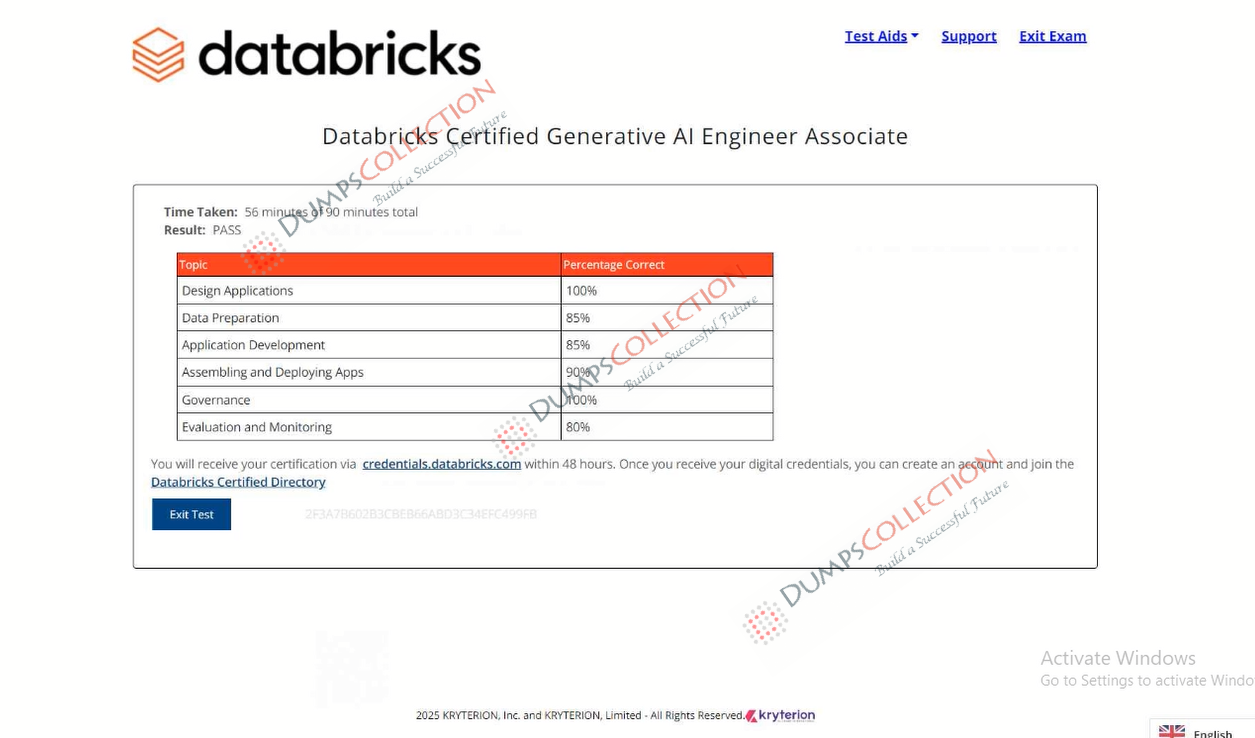 Confirmed passing report for the Databricks-Generative-AI-Engineer-Associate 1
