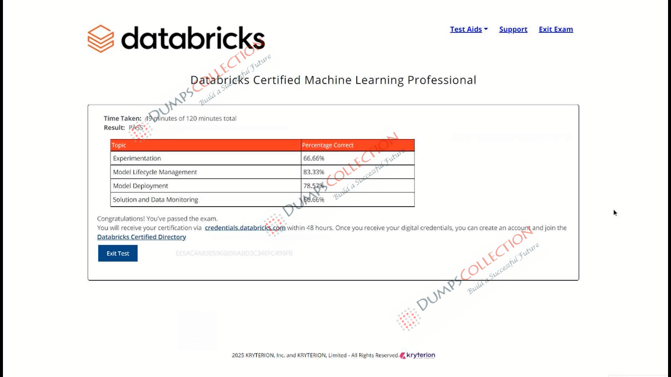 Confirmed passing report for the Databricks-Machine-Learning-Professional 1
