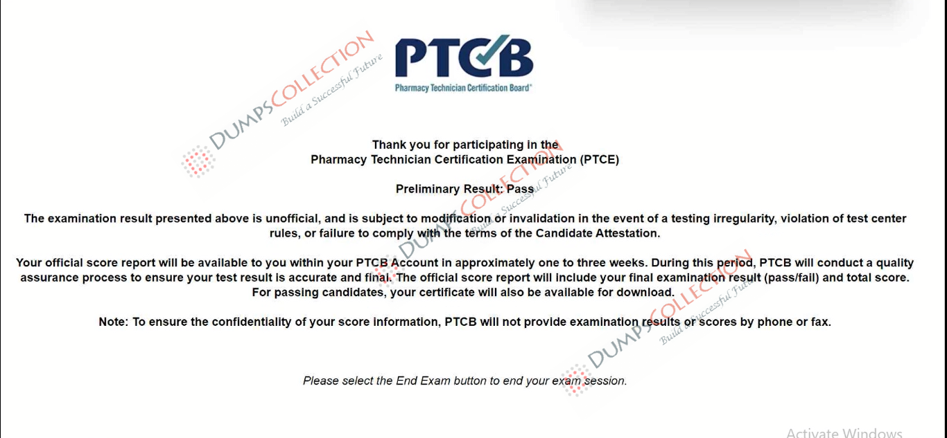 Confirmed passing report for the PTCE 1